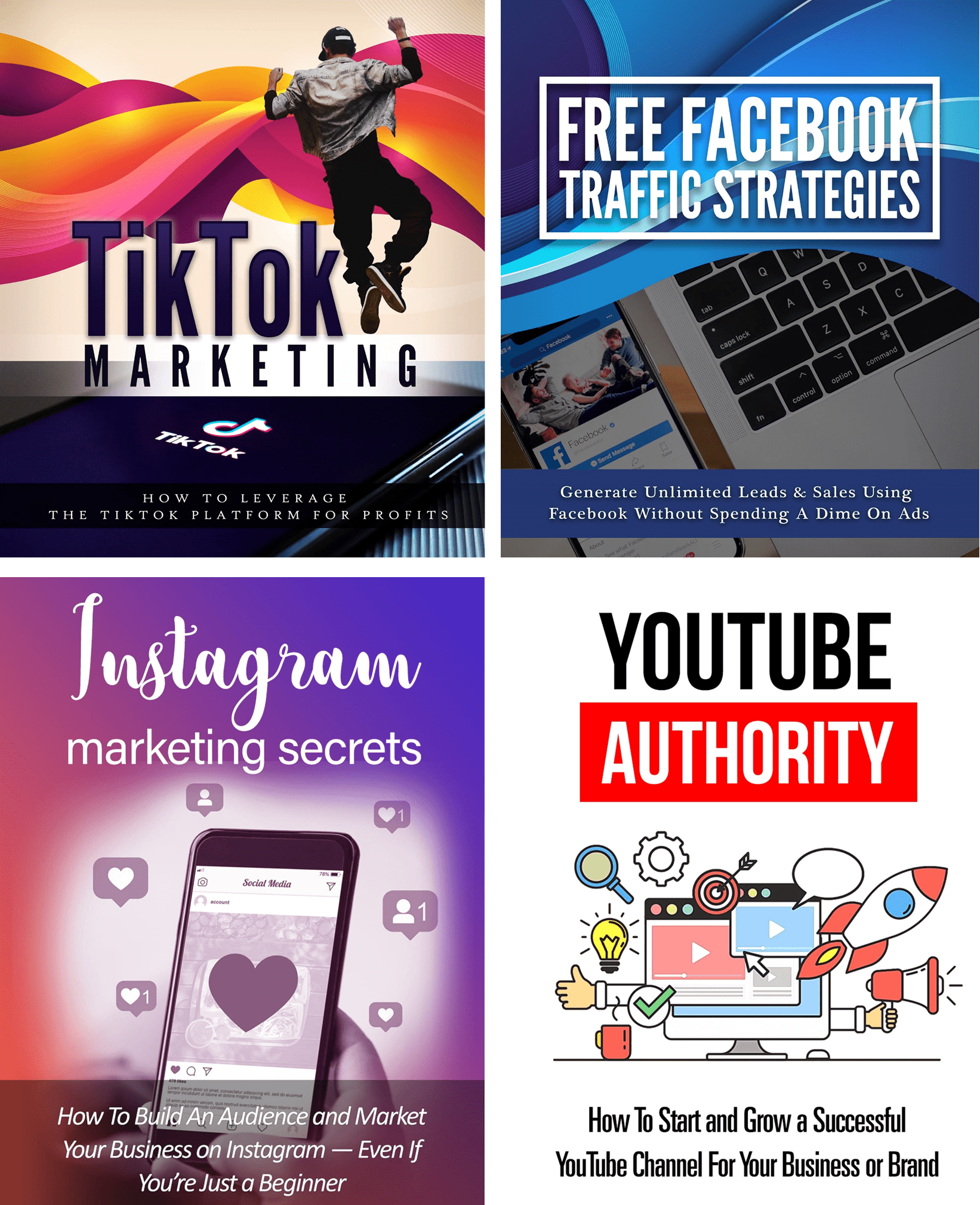 Collection of digital marketing books with colorful covers on a white background
