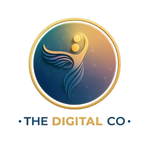 Logo of The Digital Co with a stylized person icon and gradient colors on a white background.